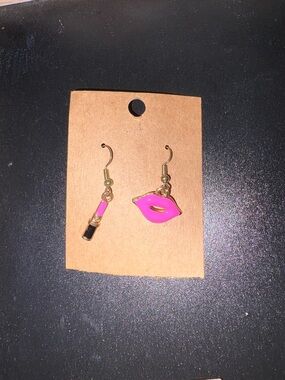 Pink Lipstick & Kiss Charm Drop Earrings - Women Jewelry